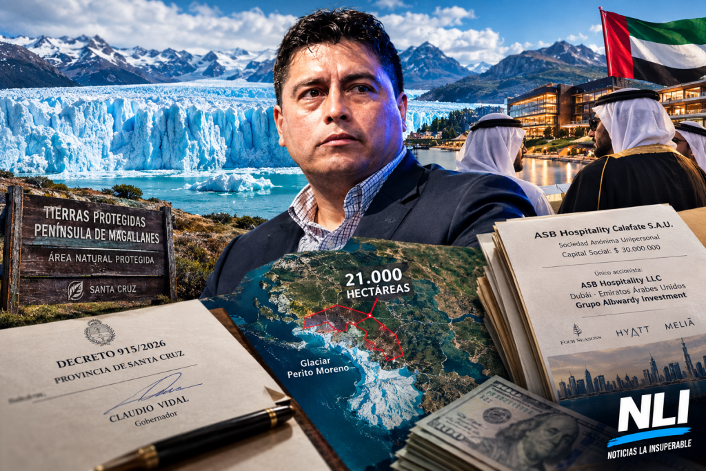 Retrato de un hombre con un fondo de glaciares, incluyendo el glaciar Perito Moreno y un letrero que dice 'Tierras Protegidas Península de Magallanes'. En primer plano, documentos sobre un decreto gubernamental y detalles de inversión en un proyecto hotelero en Calafate.