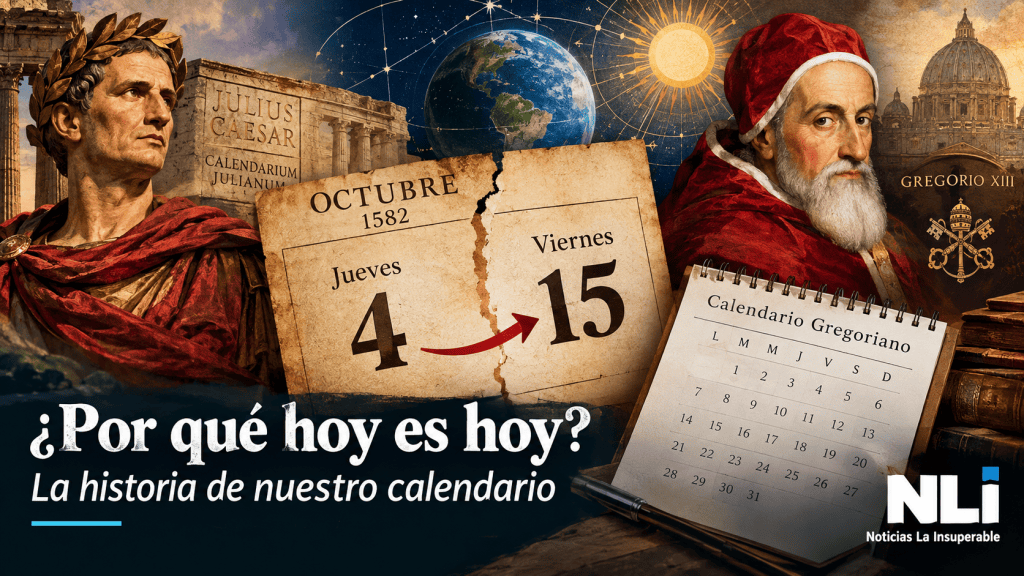 Ilustración histórica que muestra a Julio César y Papa Gregorio XIII, destacando el cambio del calendario juliano al gregoriano.