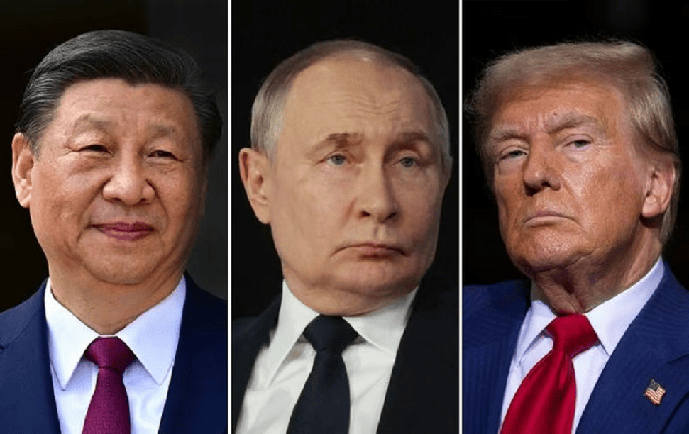 Retrato de tres líderes mundiales: Xi Jinping, Vladimir Putin y Donald Trump, posando de manera seria.
