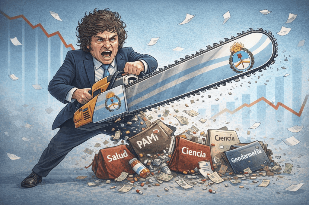 Ilustración de una persona en traje sosteniendo una motosierra decorada con la bandera argentina, cortando cajas etiquetadas con palabras como 'Salud', 'PAMI', 'Ciencia' y 'Gendarmería', en un fondo con gráficos en descenso.