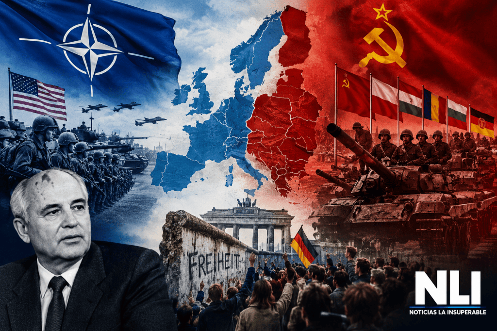 Imagen que representa la Guerra Fría, mostrando a Mijaíl Gorbachov, el mapa de Europa dividido entre la OTAN y el bloque soviético, y escenas de soldados y protestas.