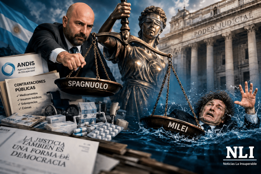 Un abogado sostiene una balanza con los nombres 'Spagnuolo' y 'Milei', mientras una figura de la justicia los observa; documentos y productos médicos rodean la escena, y el fondo muestra el edificio del poder judicial.