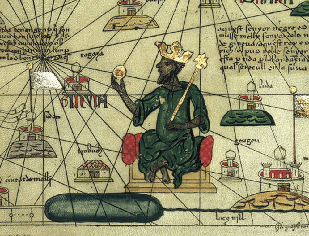 Ilustración de un rey sentado en un mapa antiguo, sosteniendo un orbe y un cetro, rodeado de símbolos y paisajes representativos.