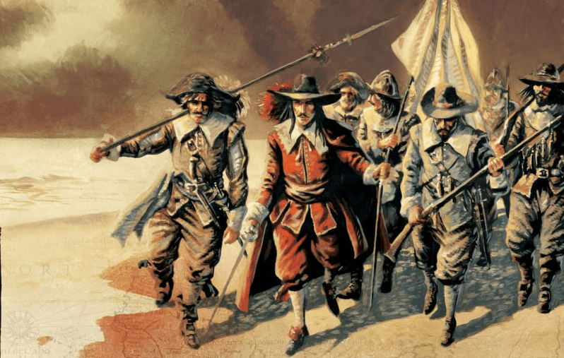 Grupo de soldados históricos marchando con armas y estandartes, frente a un paisaje costero.