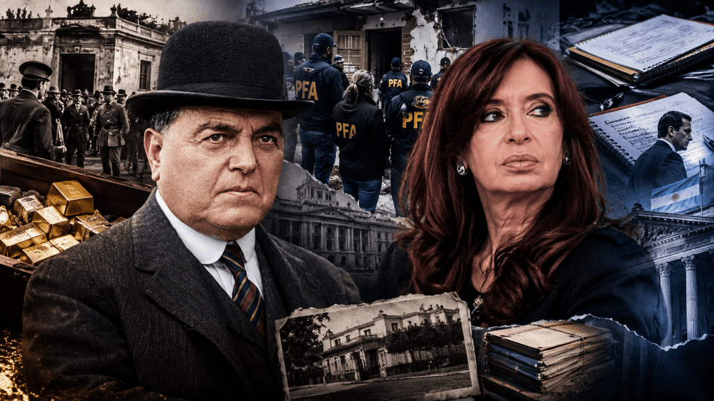 Montaje que muestra a un hombre de sombrero de copa y a una mujer con cabello largo, rodeados de imágenes de policías y documentos relacionados con un caso judicial, junto a lingotes de oro y una edificación histórica.