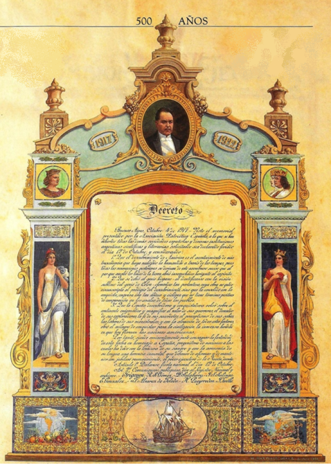 Documento decorativo con un retrato de un hombre y figuras alegóricas, con el texto 'Decreto', relacionado con la conmemoración de 500 años, incluyendo elementos artísticos y un barco en la parte inferior.